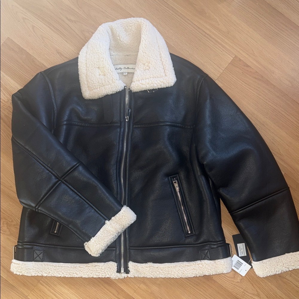 NWT Sebby Collection Black Faux Leather Jacket with Cream Sherpa XL